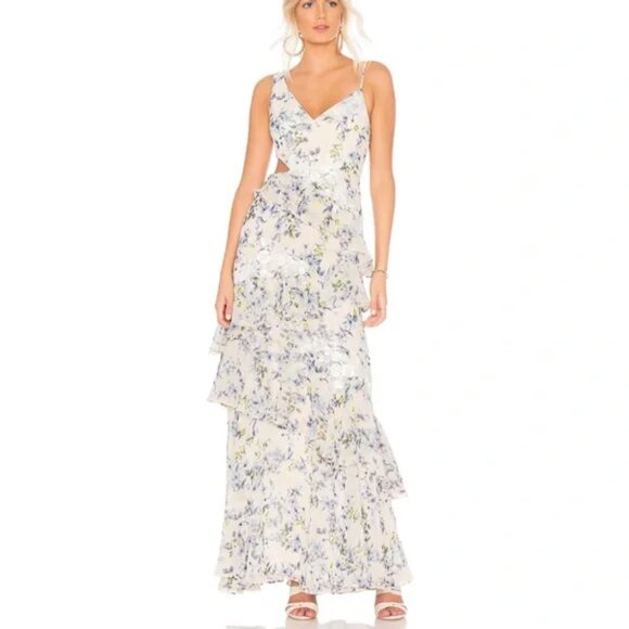 BCBG MAXAZRIA Asymmetrical Ruffle Gown in Blue Floral NWOT Size 2 - Picture 2 of 14